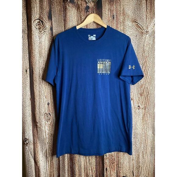 Under Armour Shirt Mens Large Blue HeatGear Stars Stripes Flag Short Sleeve - Picture 1 of 3